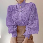 New Women's Long Sleeve High Neck  Chic Blouse, Lace Paneled Hollow Sleeve Elegant Top, Vintage Fashion Office Lady Outfits - Image 6
