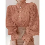 New Women's Long Sleeve High Neck  Chic Blouse, Lace Paneled Hollow Sleeve Elegant Top, Vintage Fashion Office Lady Outfits - Image 4