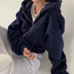 2024 Spring Autumn New Insfleece-lined Versatile Cropped Slims Smooths Silhouette Zip-up Warm Navy Blue Hooded Sweatshirt Women - Image 3