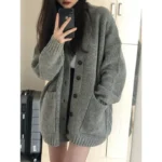 Korean version V-collar lazy wind cardigan Japanese department simple sweater female spring and autumn winter casual loose knit