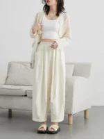 CHIC VEN Women White Pants Solid Casual Elastic Waist High Waisted Pleated Wide Leg Female Trousers  Fold Summer 2025 Clothing - Image 3